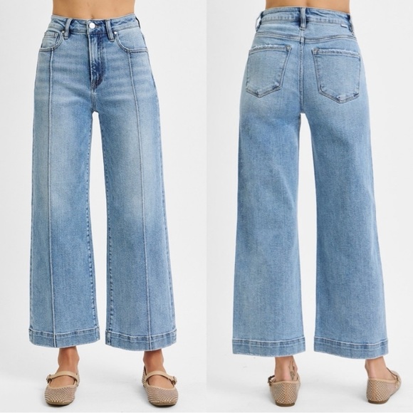 NWT Risen The Statement High Rise Medium Wash Front Seam Ankle Wide Leg Jeans - Picture 2 of 16